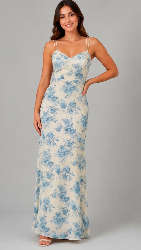 VESTIDO PLACO ESTAMPADO CON FLORES CELESTES Y CON LENTEJUELAS