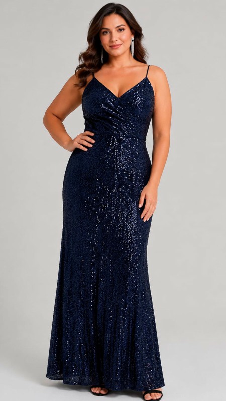 VESTIDO COLOR AZUL OSCURO CON LENTEJUELAS EN ESTRAPLE ESCOTE