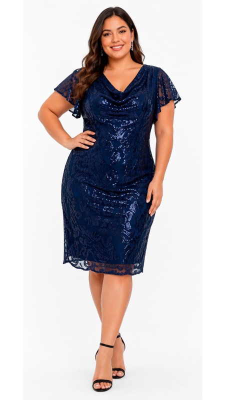 VESTIDO ZUL OSCURO CON ESTAMPADO BRILLOSO CON MANGAS CORTAS