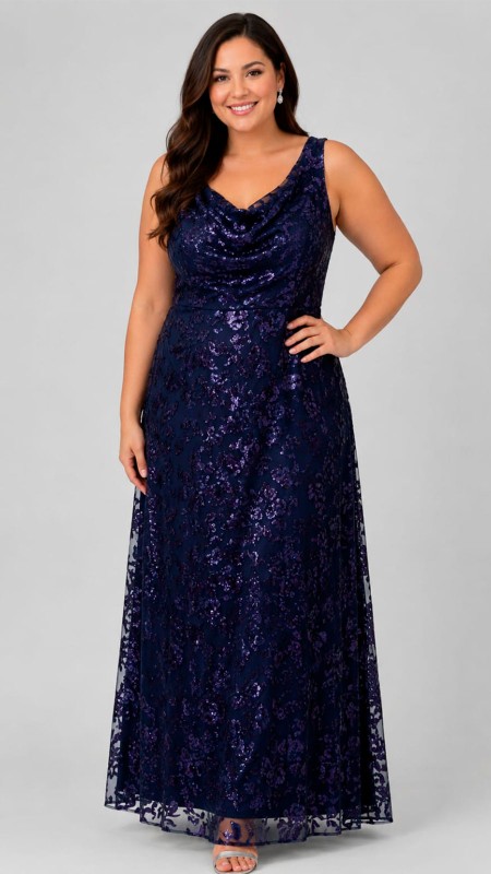 VESTIDO AZUL MARINO OSCURO CON ESTAMPADO BRILLOSO CORTE RECTO