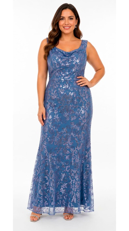 VESTIDO CELESTE EN TELA BRILLOSA ESTAMPADA
