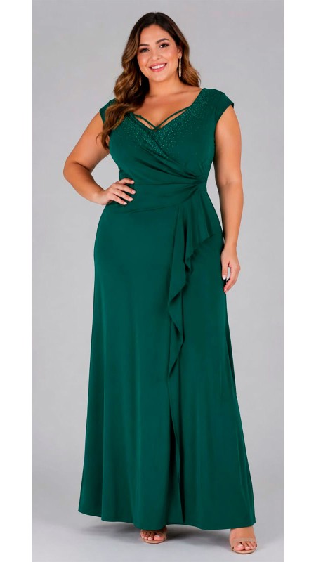 VESTIDO VERDE OSCURO EN TELA LICRA CON BRILLOS EN EL ESCOTE