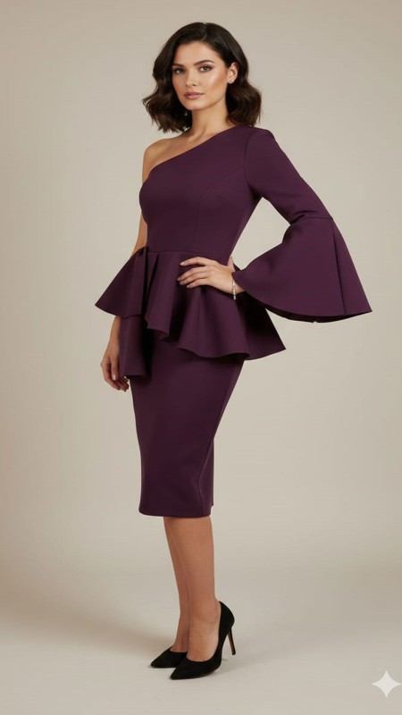VESTIDO 3/4 MORADO ASIMETRICO CON BOLADOS Y UNA MANGA
