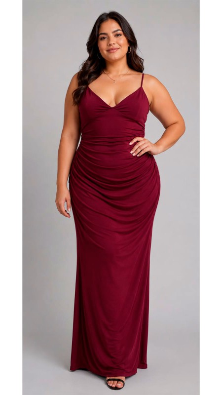 VESTIDO COLOR VINO SUAVE EN TELA ARRUCHADA LICRA