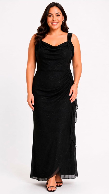 VESTIDO NEGRO EN TELA  BRILLOSA CON TIROS GRUESOS