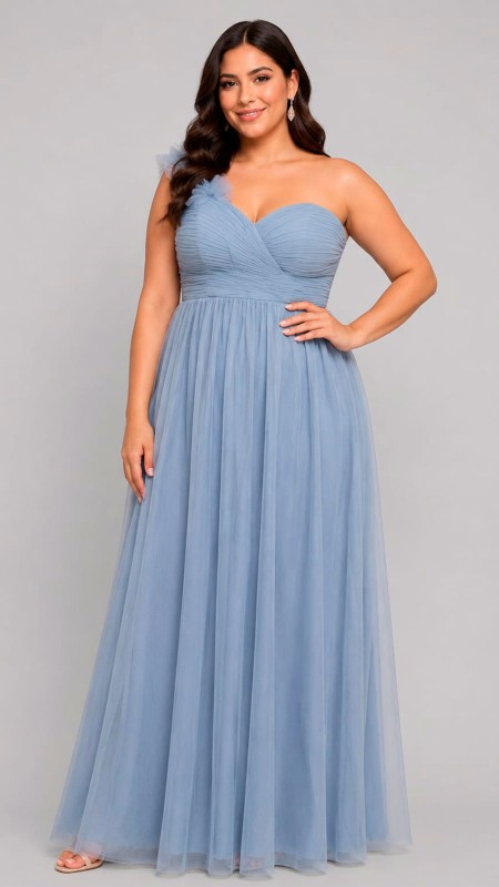 VESTIDO CELESTE CLARO ASIMETRICO