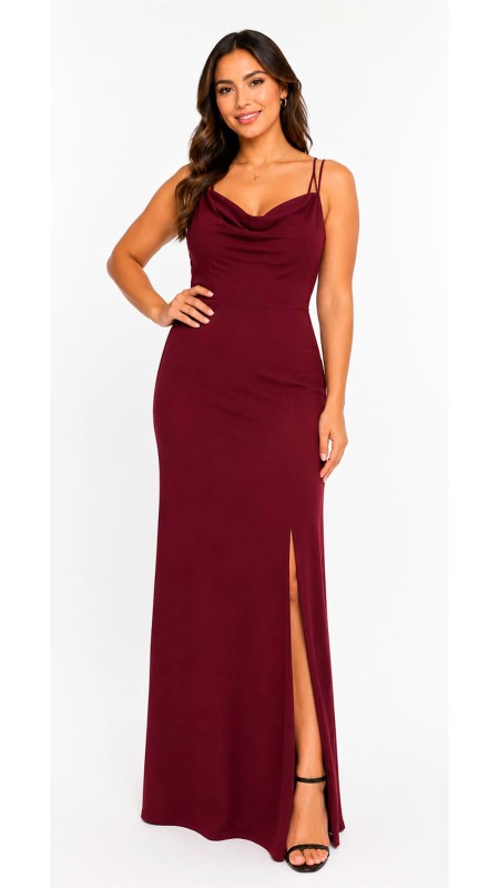VESTIDO COLOR VINO EN TELA LICRA CON ABERTURA EN LA PIERNA