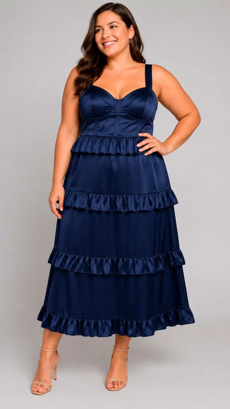 VESTIDO AZUL MARINO OSCURO TELA SATINADA BRILLOSA EN CAPAS