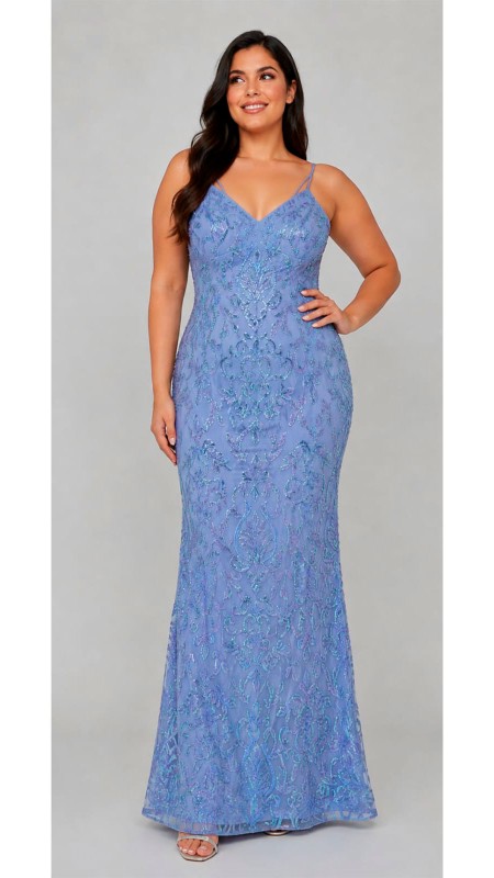 VESTIDO COLOR CELESTE TORNASOLADO CON LENTEJUELAS