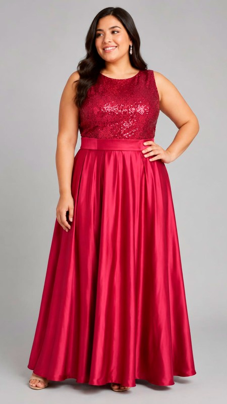 VESTIDO COLOR ROJO CLARO CON LENTEJUELAS EN LA PARTE SUPERIOR Y TELA SATINADA EN LA PARTE INFERIOR DEL VESTIDO