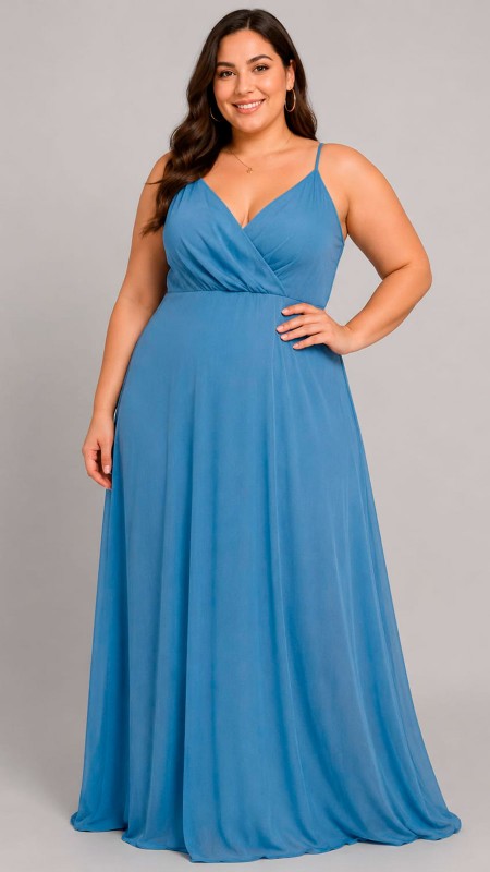 VESTIDO COLOR CELESTE EN TELA SEDA