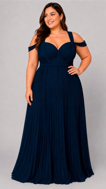 VESTIDO COLOR AZUL MARINO OSCURO TELA SEDA PLIZADA CON MANGAS ESTILO PRINCESA