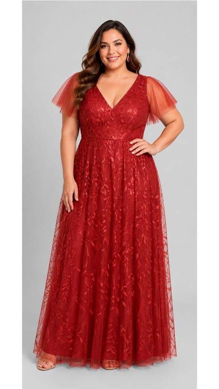 VESTIDO COLOR TERRACOTA CON ESTAMPADO DE HOJAS BRILLOSAS