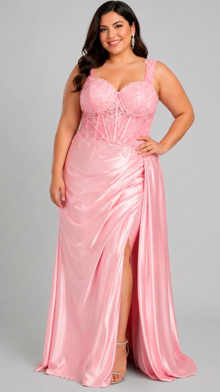 VESTIDO ROSADO EN TELA SATINADA CON ABERTURA EN LA PIERNA
