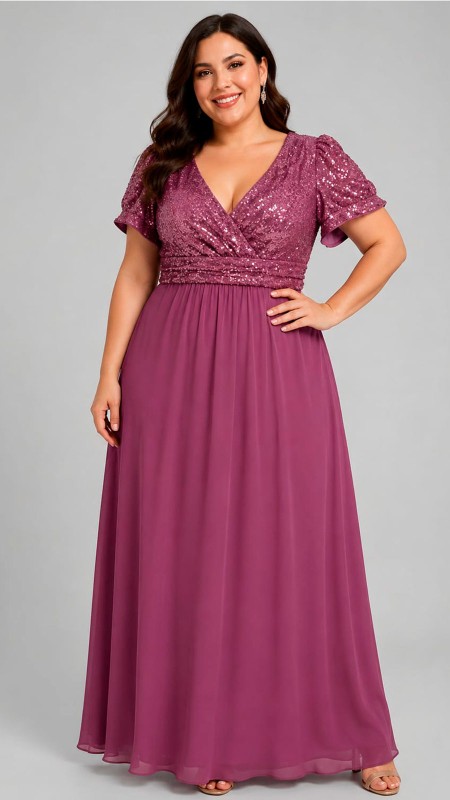 VESTIDO COLOR LILA OSCURO CON LENTEJUELAS EN LA PARTE DE ARRIBA Y MANGA CORTA