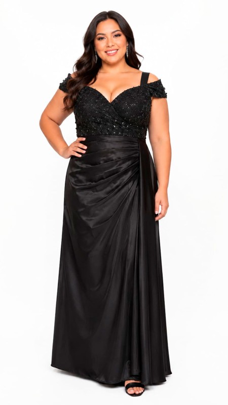 VESTIDO NEGRO CON CAPA EN TELA SATINADA