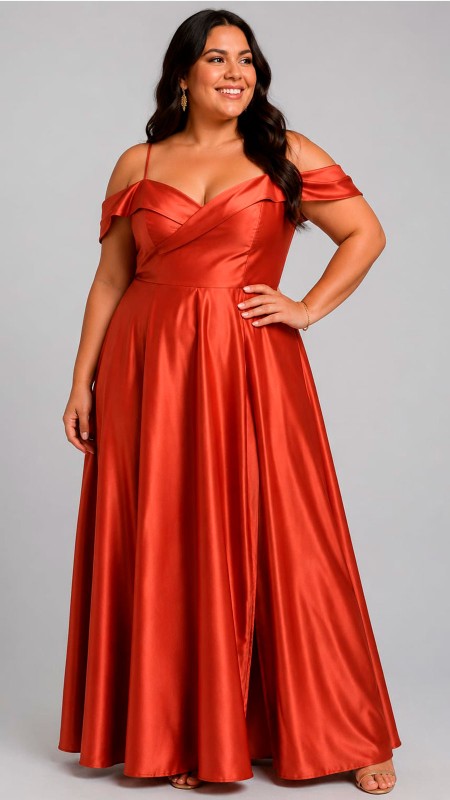 VESTIDO COLOR TERRACOTA EN TELA SATINADA CORTE PRINCESA