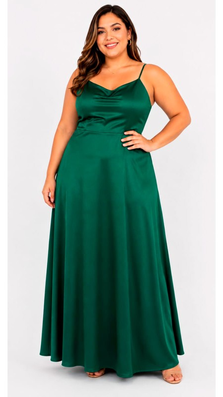 VESTIDO VERDE OSCURO EN TELA SATINADA CON ESCOTE EN LA ESPALDA