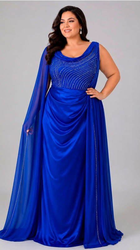 VESTIDO AZUL ELECTRICO ASIMETRICO CON CAPA EN UN SOLO BRAZO