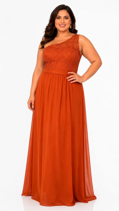 VESTIDO COLOR TERRACOTA ASIMETRICO