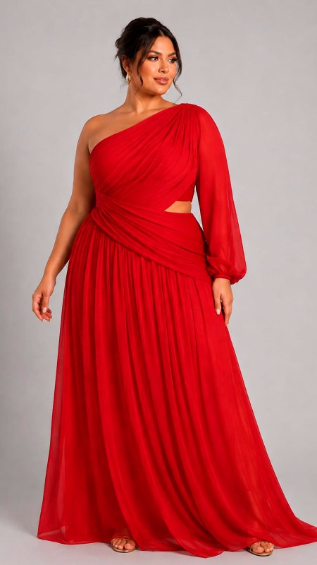 VESTIDO COLOR ROJO CLARO CON UNA SOLA MANGA LARGA