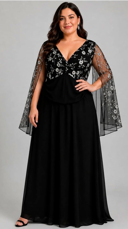 VESTIDO COLOR NEGRO CON MANGAS ESTILO ROMANA