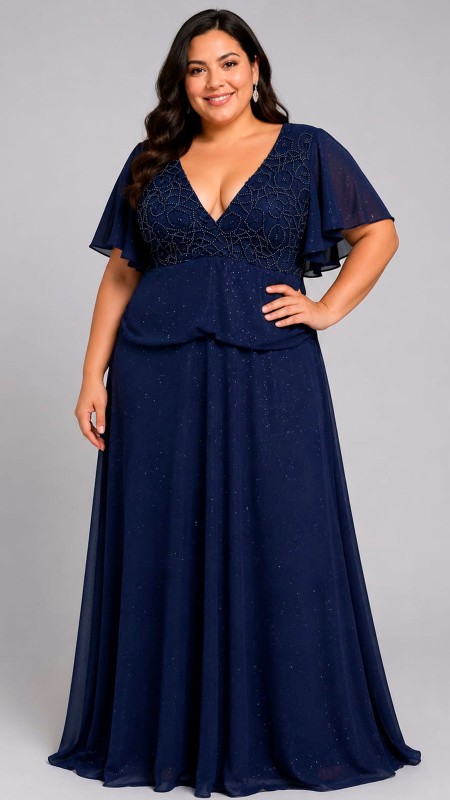 VESTIDO AZUL MARINO OSCURO CON BRILLOS Y MANGA CORTA