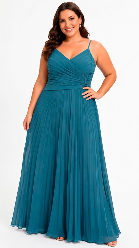 VESTIDO COLOR CELESTE TELA SEDA PLIZADA