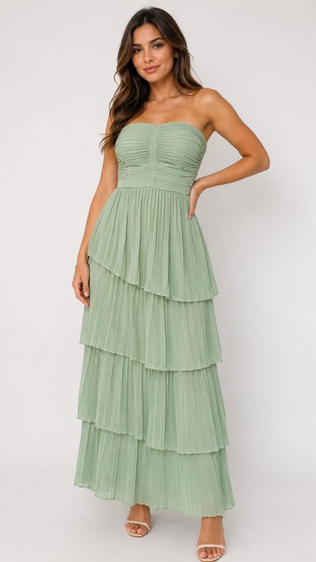 VESTIDO VERDE PISTACHO EN CAPAS CON CORSET