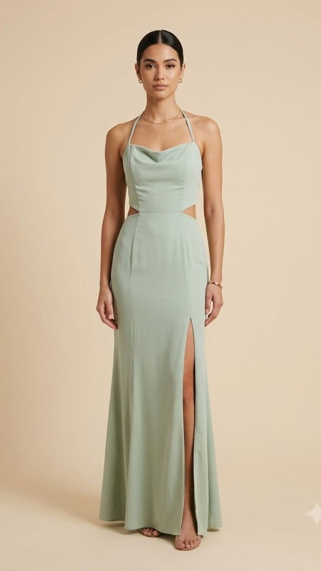 VESTIDO VERDE PASTEL CON ABERTURA ALOS COTADOS