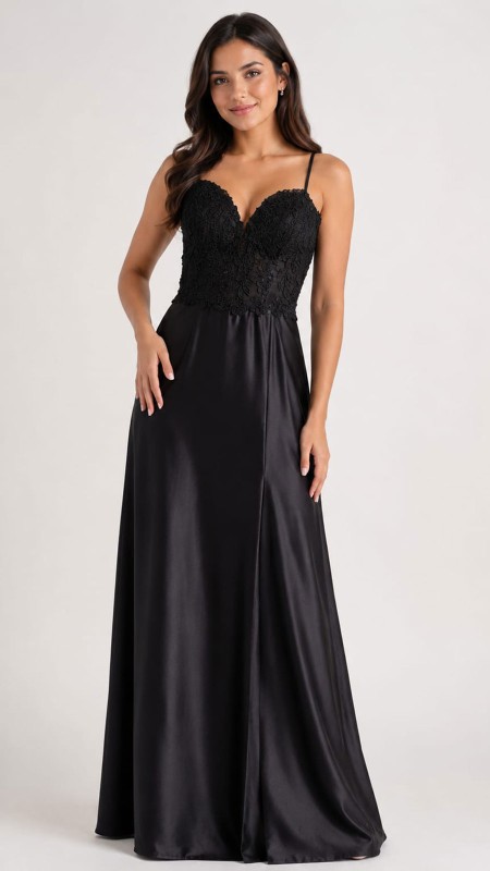 VESTIDO NEGRO CON ENCAJE Y SATIN SUELTO