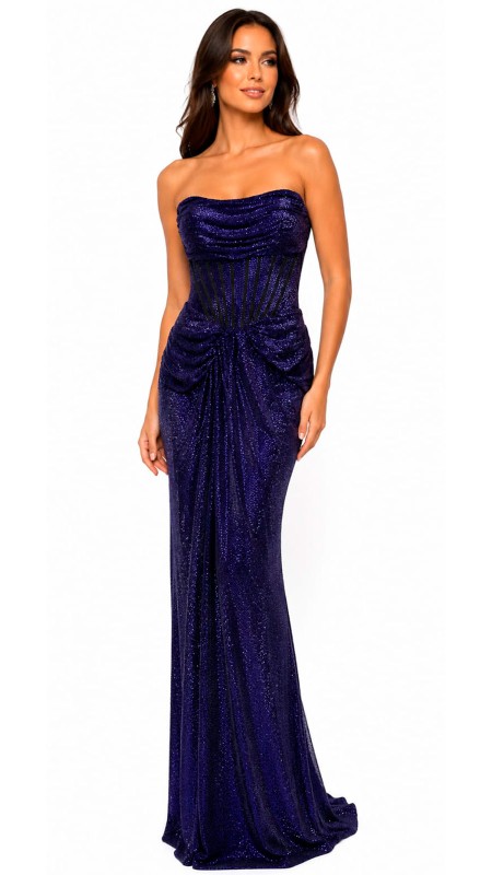 VESTIDO MORADO TORNASOLADO CON ESCOTE EN ESTRAPLE