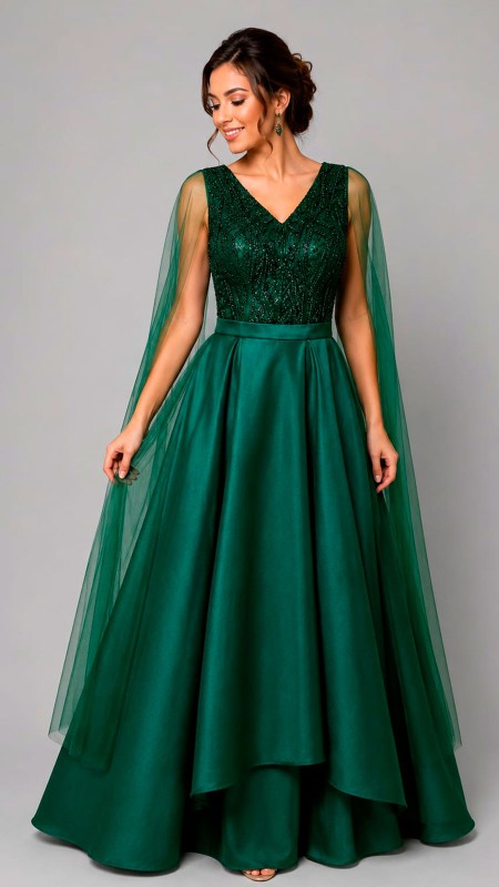 VESTIDO COLOR VERDE BOTELLA CON MANGAS ESTILO ROMANAS