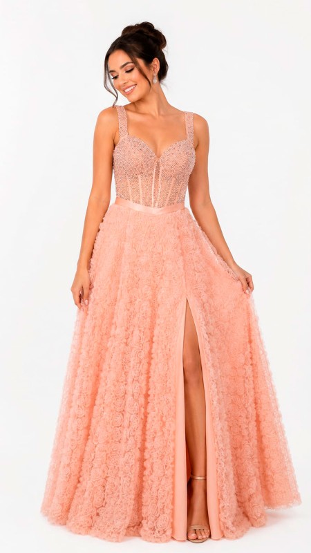VESTIDO COLOR SALMON CON PERLAS EN LA PARTE SUPERIOR
