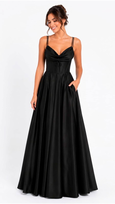 VESTIDO COLOR NEGRO EN TELA SATINADA