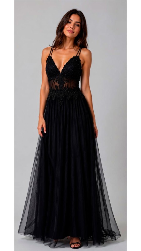 VESTIDO COLOR NEGRO CON TRANSPARENCIA EN LA PARTE SUPERIOR