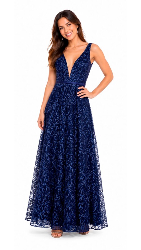 VESTIDO AZUL MARINO OSCURO CON ESCOTE EN V
