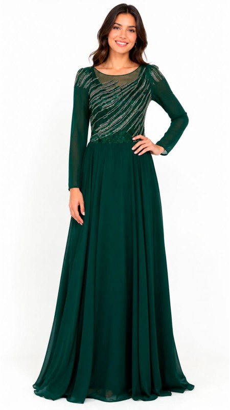 VESTIDO COLOR VERDE CON MANGAS ESTILO ROMANAS