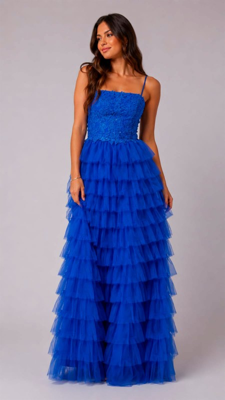 VESTIDO COLOR AZUL ELECTRICO EN ESTRAPLE Y POMPOSO