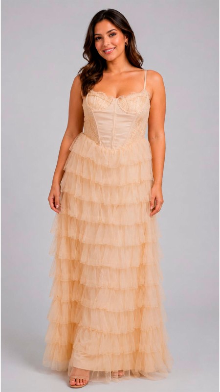 VESTIDO COLOR CREMA CON VOLADOS
