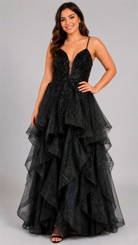 VESTIDO COLOR NEGRO CON VOLADOS POMPOSO