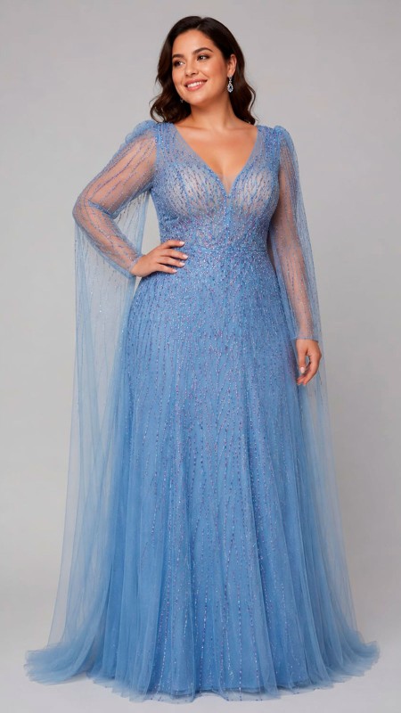 VESTIDO COLOR CELESTO CON PERLAS Y MANGAS ESTILO ROMANAS
