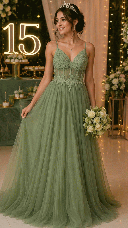 VESTIDO VERDE AGUA CON TULL ENCIMA