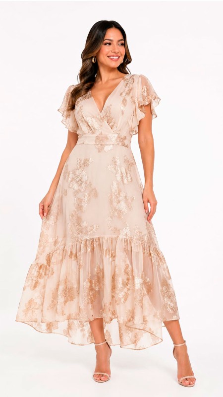 VESTIDO COLOR CHAMPANGE CON FLORES 3D