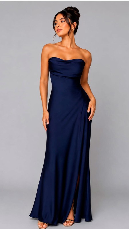 VESTIDO AZUL MARINO OSCURO TELA SATINADA EN ESTRAPLE