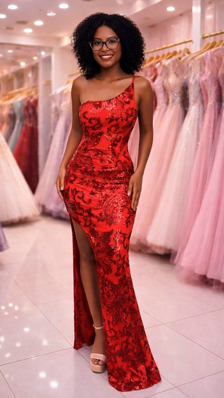 VESTIDO ROJO ASIMETRICO CON LENTEJUELAS
