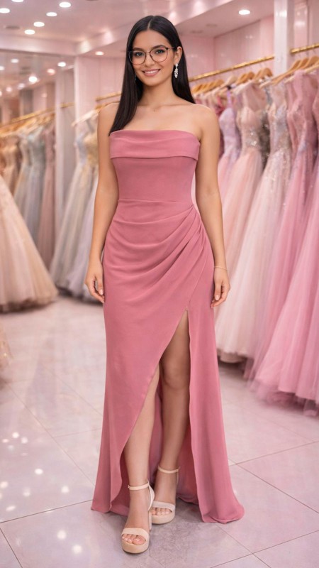 VESTIDO ESTRAPLE COLOR PALO ROSA