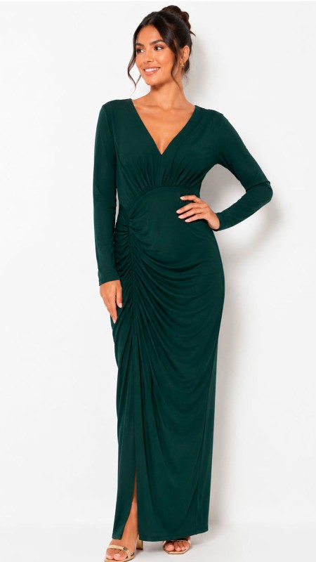 VESTIDO VERDE OSCURO TELA CON BRILLOS MANGA LARGA