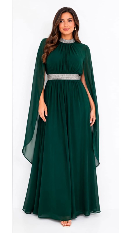 VESTIDO COLOR VERDE BOTELLA CON MANGAS ROMANAS TELA SEDA
