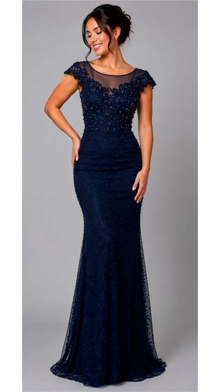 VESTIDO AZUL MARINO OSCURO CON ESTAMPADO ESCOTE CERRADO